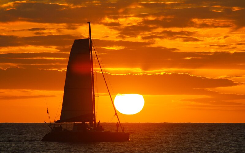 Sailboat at Sunset — Orange, Serene, Photograph, Sun, Ocean, Clouds, Yellow, Black