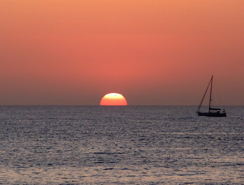 Sailboat at Sunset — Orange, Serene, Photograph, Sun, Ocean, Sky, Blue