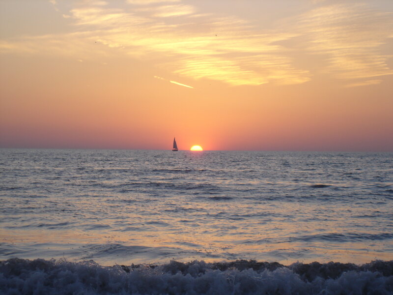 Sailboat at Sunset — Orange, Serene, Photograph, Sun, Ocean, Sky, Wave