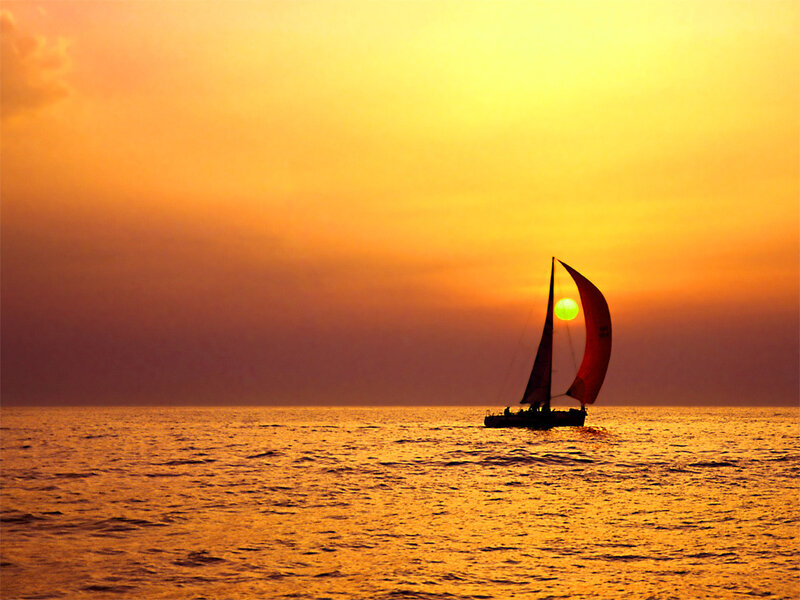 Sailboat at Sunset — Orange, Serene, Photograph, Sun, Ocean, Sky, Yellow