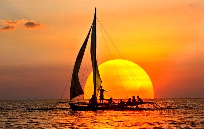 Sailboat at Sunset — Orange, Serene, Photograph, Sun, People