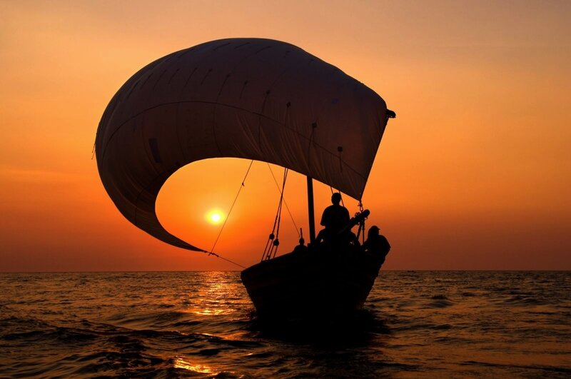 Sailboat at Sunset — Orange, Serene, Photograph, Sun, Sea