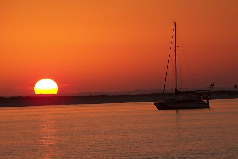 Sailboat at Sunset — Orange, Serene, Photograph, Sun, Water, Shoreline