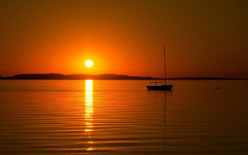 Sailboat at Sunset — Orange, Serene, Photograph, Sun, Water, Silhouette