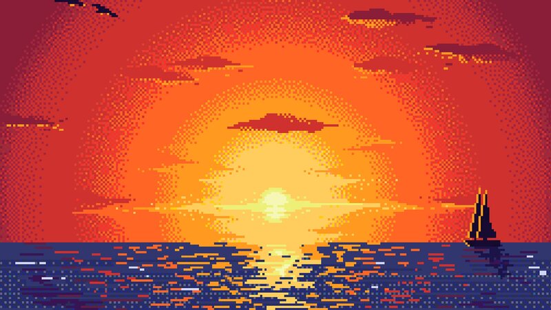 Sailboat at Sunset — Orange, Serene, Pixel Art