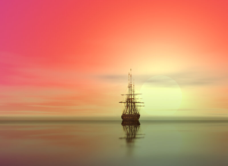 Sailboat at Sunset — Pink, Serene, Digital Art