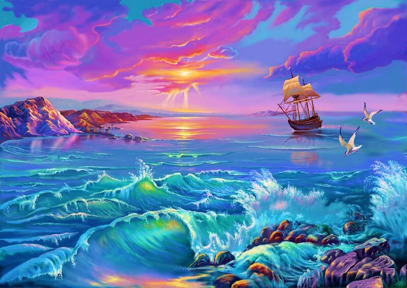Sailboat at Sunset — Purple, Dramatic, Digital Art, Waves