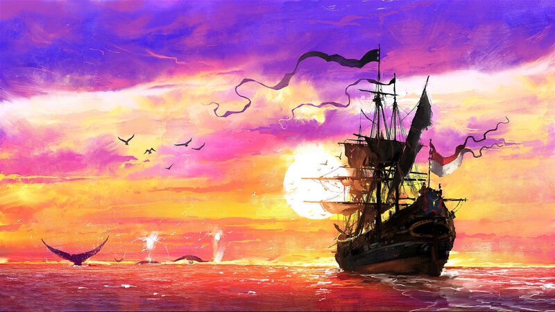 Sailboat at Sunset — Purple, Dramatic, Digital Art, Whales