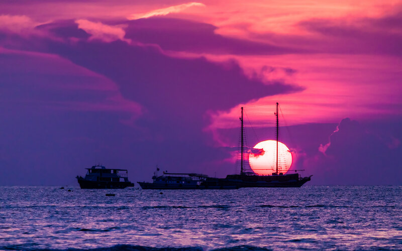 Sailboat at Sunset — Purple, Dramatic, Photograph, Boats