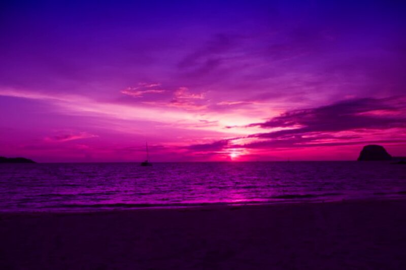 Sailboat at Sunset — Purple, Dramatic, Photograph, Island