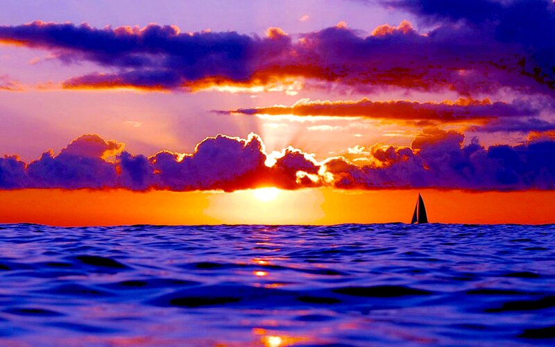 Sailboat at Sunset — Purple, Dramatic, Photograph, Ocean, Clouds
