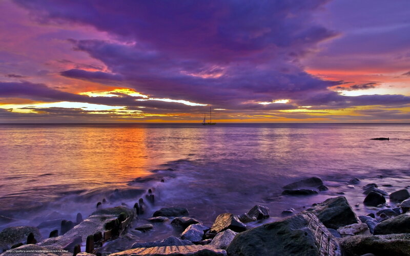 Sailboat at Sunset — Purple, Dramatic, Photograph, Ocean, Rocks