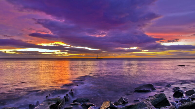 Sailboat at Sunset — Purple, Dramatic, Photograph, Ocean