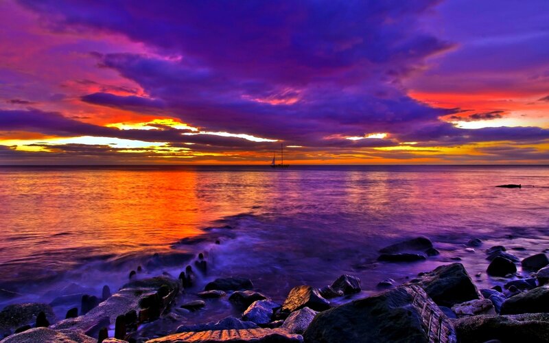 Sailboat at Sunset — Purple, Dramatic, Photograph
