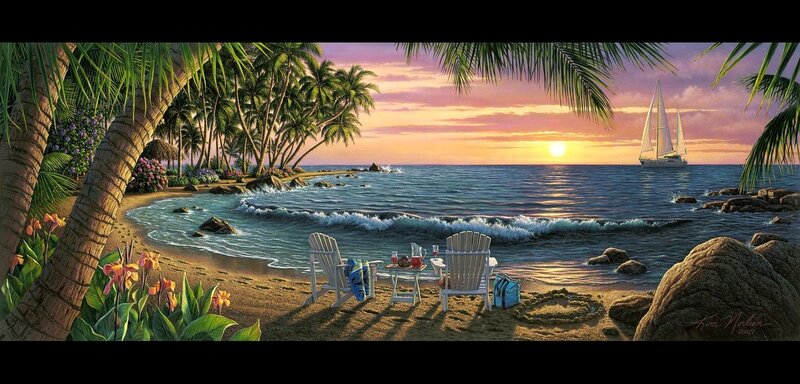 Sailboat at Sunset — Purple, Serene, Painting, Palm Trees, Chairs