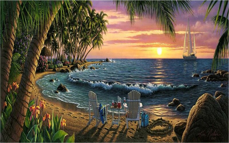 Sailboat at Sunset — Purple, Serene, Painting, Palm Trees