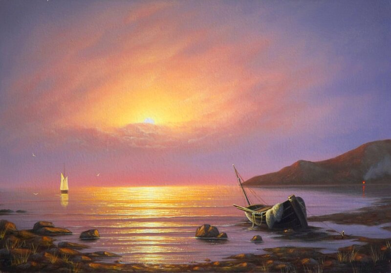 Sailboat at Sunset — Purple, Serene, Painting