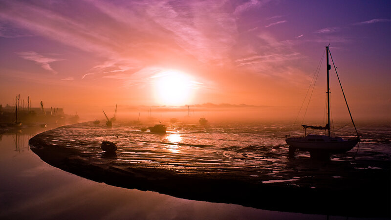 Sailboat at Sunset — Purple, Serene, Photograph, Boats, Sun