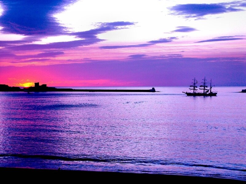 Sailboat at Sunset — Purple, Serene, Photograph, Sea