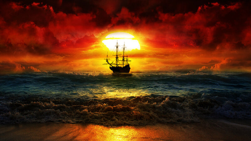 Sailboat at Sunset — Red, Dramatic, Digital Art, Ocean