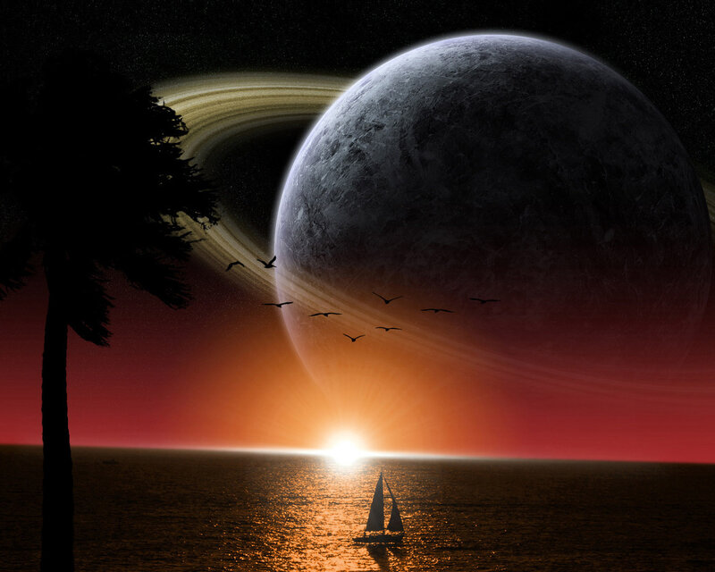 Sailboat at Sunset — Red, Dramatic, Digital Art, Planet