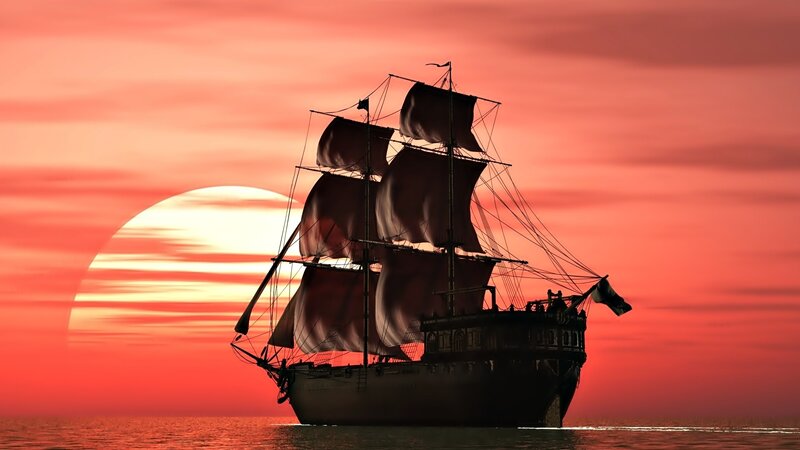 Sailboat at Sunset — Red, Dramatic, Digital Art, Sun, Ocean
