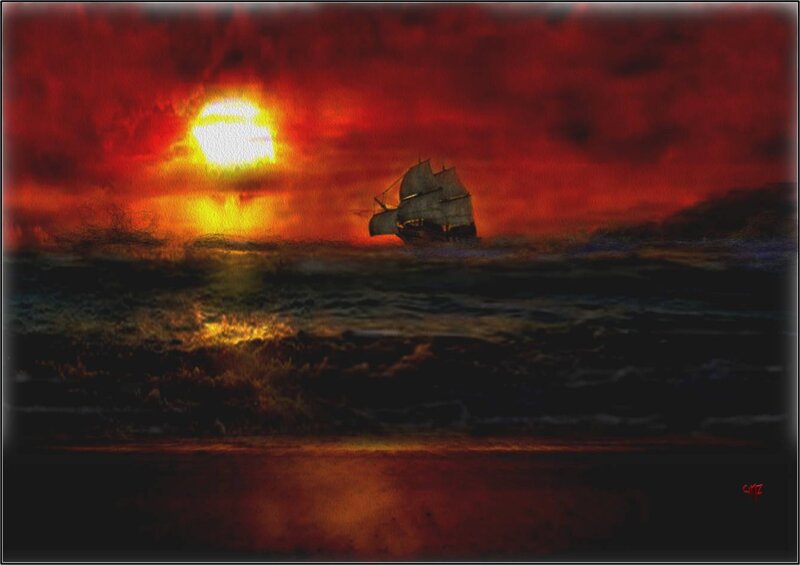 Sailboat at Sunset — Red, Dramatic, Digital Art, Sun