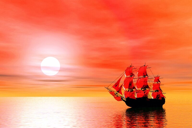 Sailboat at Sunset — Red, Dramatic, Digital Art