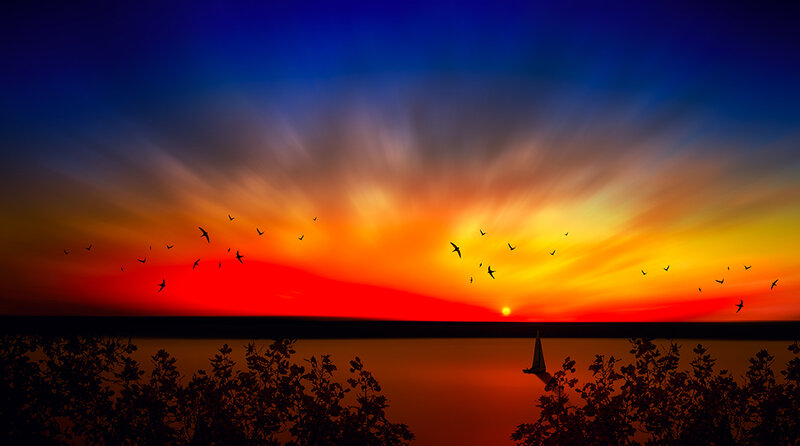 Sailboat at Sunset — Red, Dramatic, Photograph, Birds, Sky