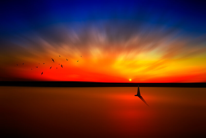Sailboat at Sunset — Red, Dramatic, Photograph, Birds