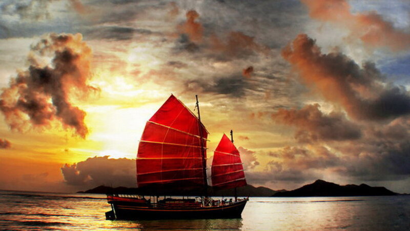 Sailboat at Sunset — Red, Dramatic, Photograph, Clouds