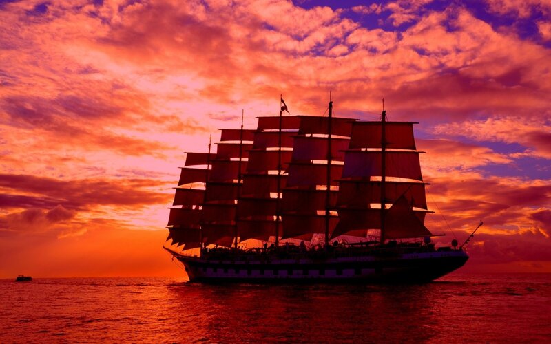 Sailboat at Sunset — Red, Dramatic, Photograph, Ocean