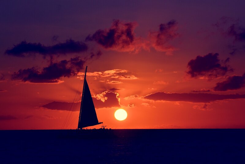 Sailboat at Sunset — Red, Dramatic, Photograph, Sun, Clouds, Ocean, Orange