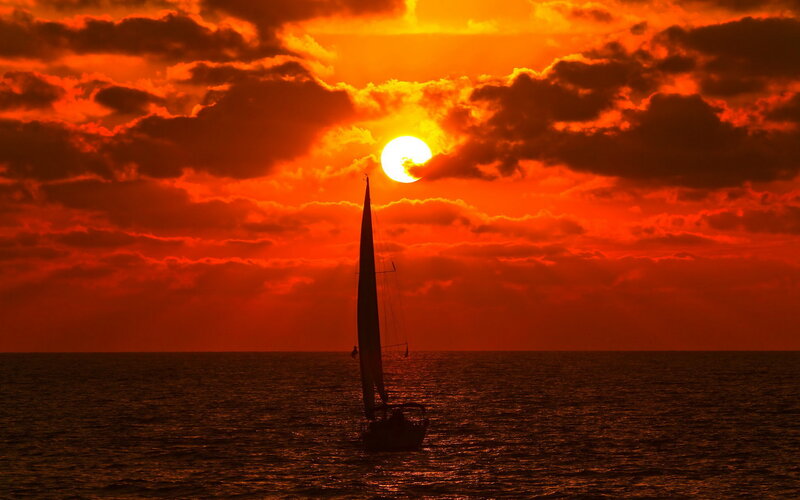 Sailboat at Sunset — Red, Dramatic, Photograph, Sun, Clouds, Ocean