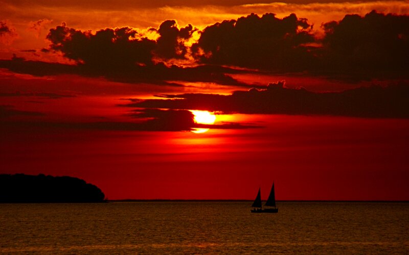 Sailboat at Sunset — Red, Dramatic, Photograph, Sun, Clouds