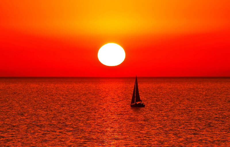 Sailboat at Sunset — Red, Dramatic, Photograph, Sun, Ocean, Sky
