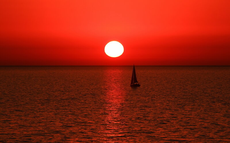 Sailboat at Sunset — Red, Dramatic, Photograph, Sun, Ocean