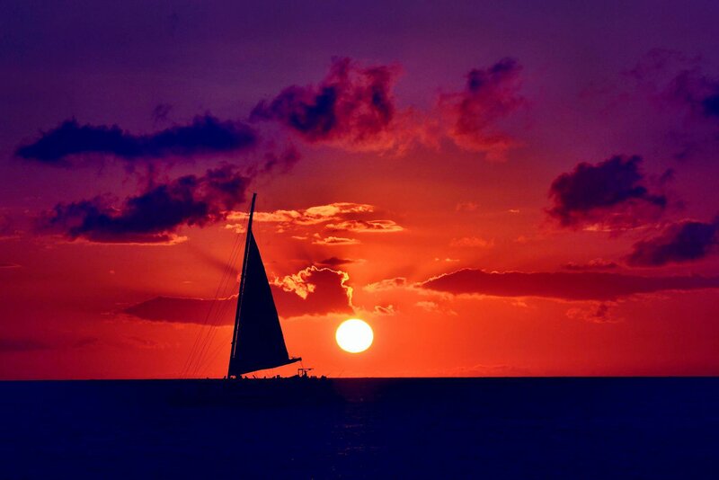 Sailboat at Sunset — Red, Dramatic, Photograph, Sun
