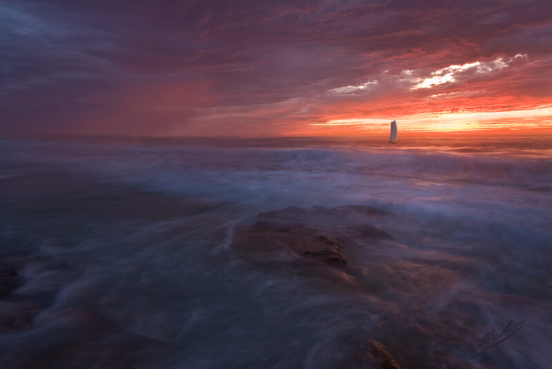 Sailboat at Sunset — Red, Dramatic, Photograph