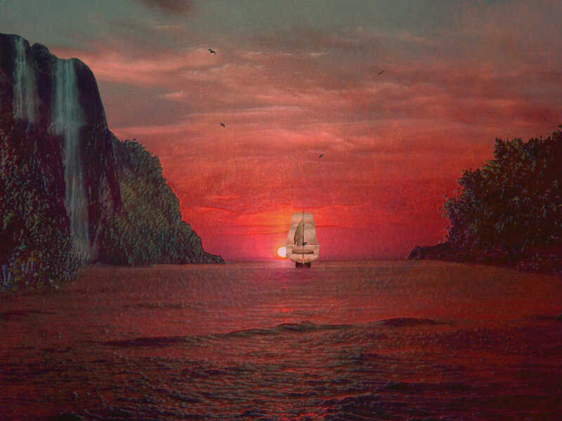 Sailboat at Sunset — Red, Dramatic