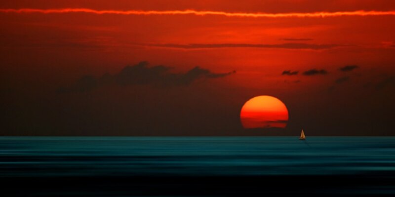 Sailboat at Sunset — Red, Serene, Photograph
