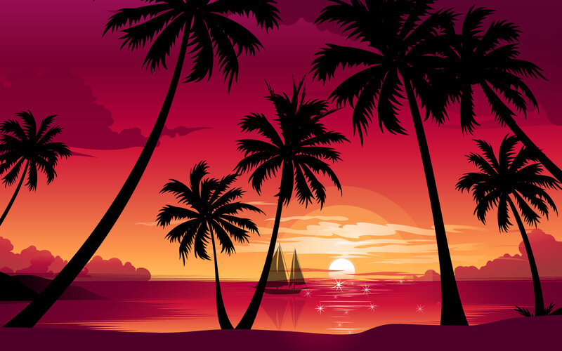 Sailboat at Sunset — Red, Serene, Vector Art, Palm Trees, Ocean, Sun