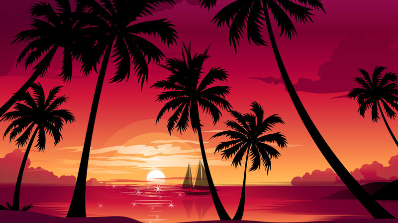 Sailboat at Sunset — Red, Serene, Vector Art, Palm Trees, Ocean
