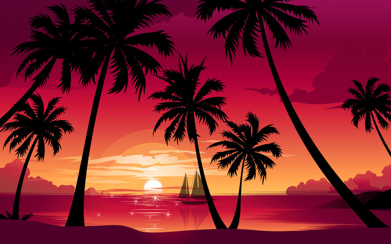 Sailboat at Sunset — Red, Serene, Vector Art, Palm Trees