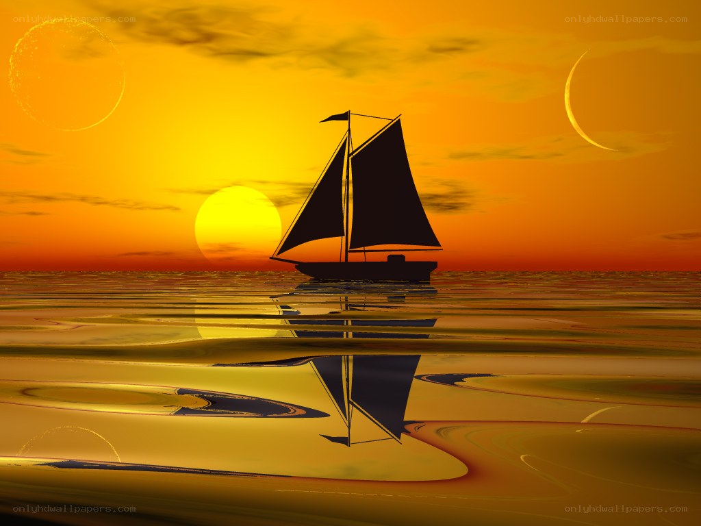 sailboat at sunset with celestial bodies