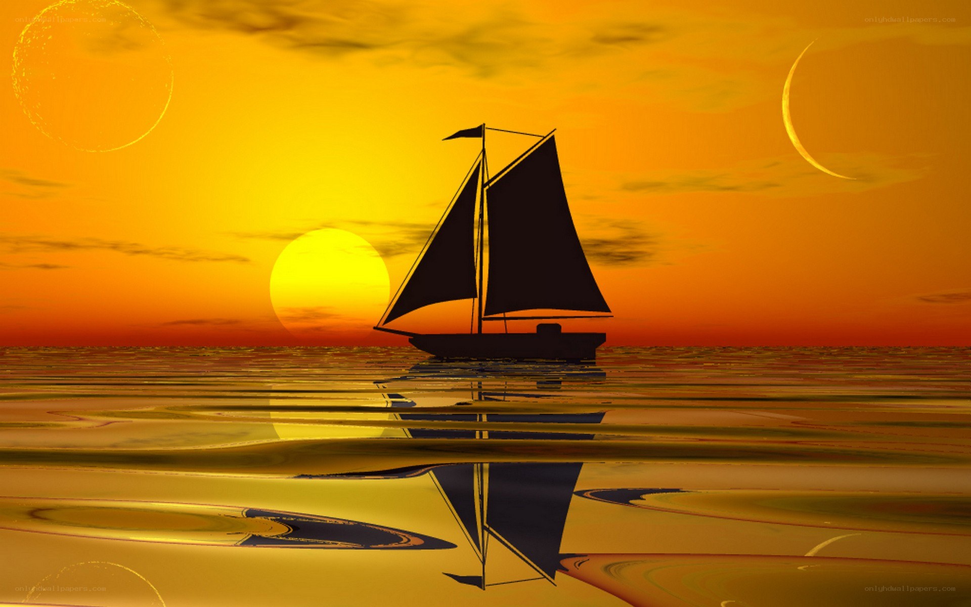 sailboat at sunset with celestial bodies