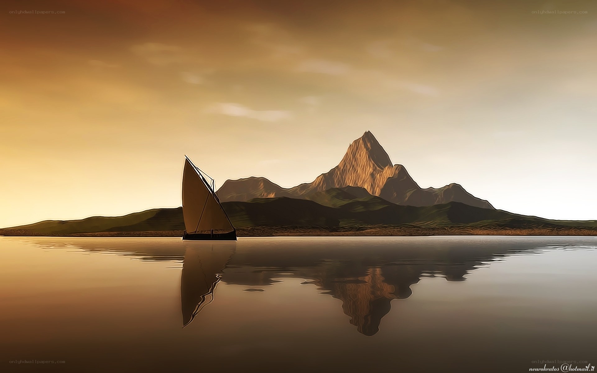 Sailboat at sunset with mountain