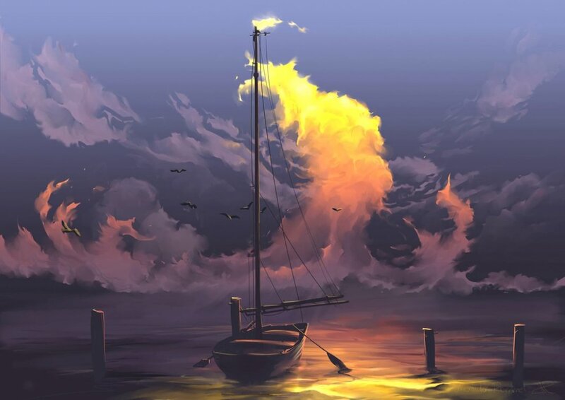 Sailboat at Sunset — Yellow, Dramatic, Digital Art, Clouds