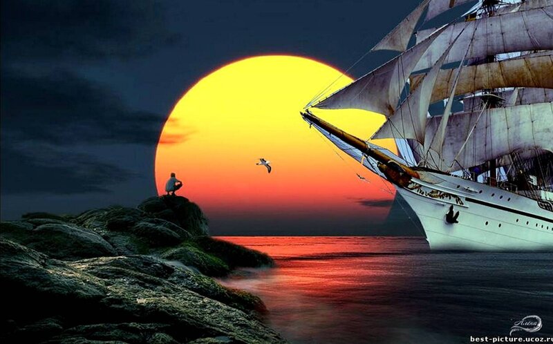 Sailboat at Sunset — Yellow, Dramatic, Digital Art