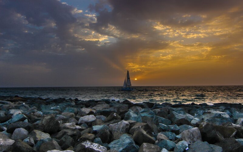 Sailboat at Sunset — Yellow, Dramatic, Photograph
